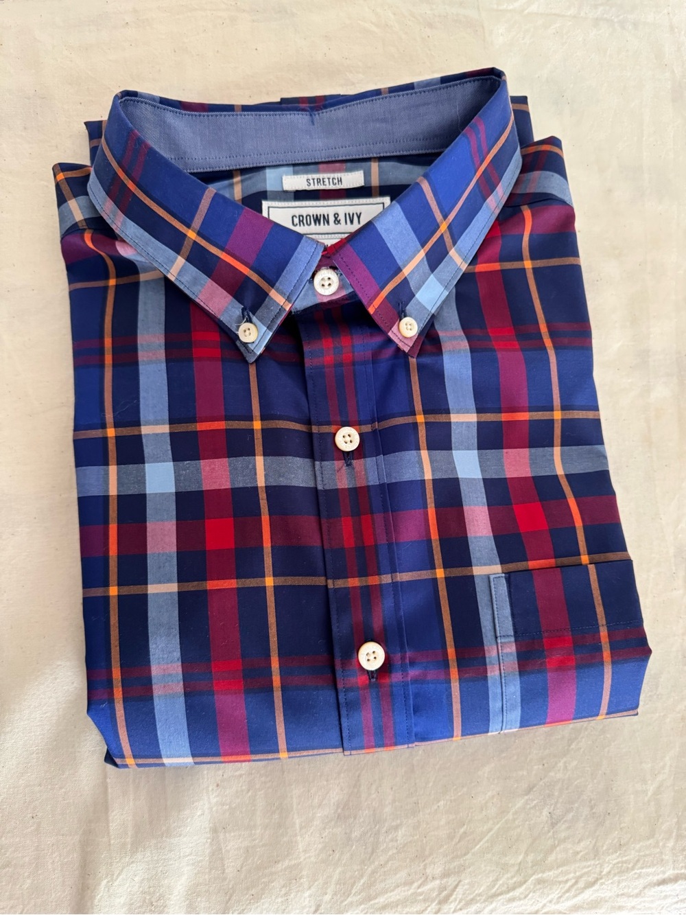 Crown & Ivy Men's Blue Plaid Button-Down Shirt with Red and Gold Accents